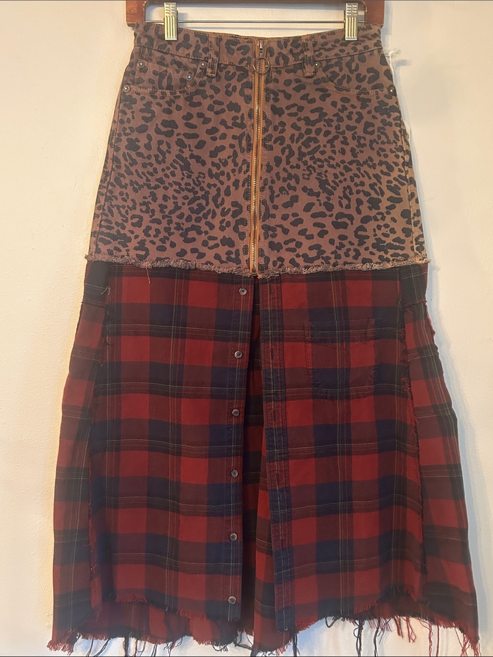 Upcycled free people leopard denim and plaid maxi skirt